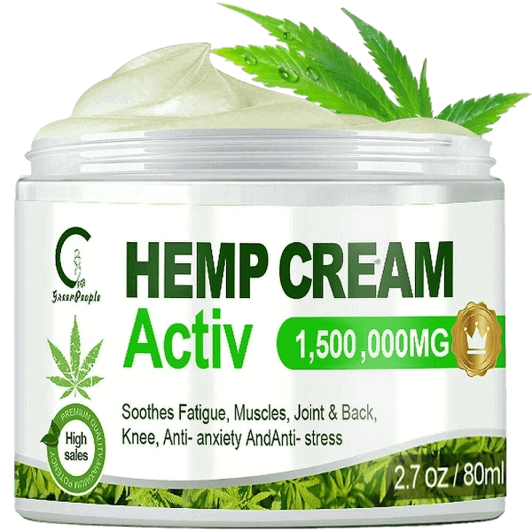 Hemp cream jar with 1,500,000mg for muscle fatigue, joint comfort, and anxiety relief in herbal packaging.