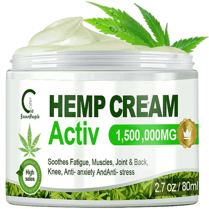 Hemp cream jar with 1,500,000mg for muscle fatigue, joint comfort, and anxiety relief in herbal packaging.