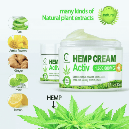 EaseWell™ Hemp Pain Relief Cream with natural plant extracts like aloe, ginger, mint, and lemon for effective muscle relief.