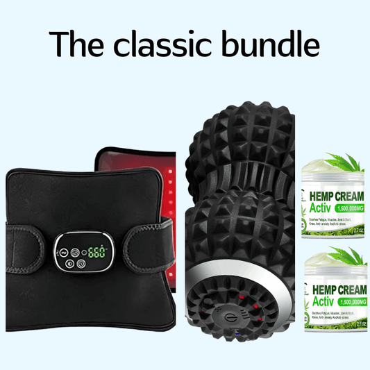EaseWell Classic Wellness Bundle featuring a heating pad, massage roller, and hemp cream for pain relief and relaxation.