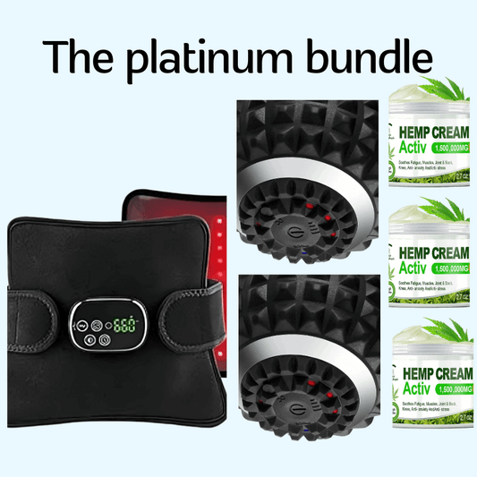 EaseWell Platinum Wellness Bundle including infrared wrap and hemp cream jars for pain relief and muscle recovery.