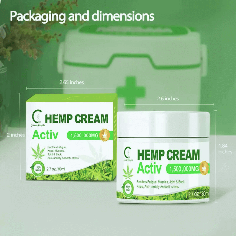Packaging of EaseWell Hemp Pain Relief Cream, featuring dimensions and benefits for muscle and joint relief.