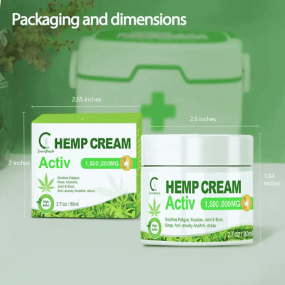 Packaging of EaseWell Hemp Pain Relief Cream, featuring dimensions and benefits for muscle and joint relief.