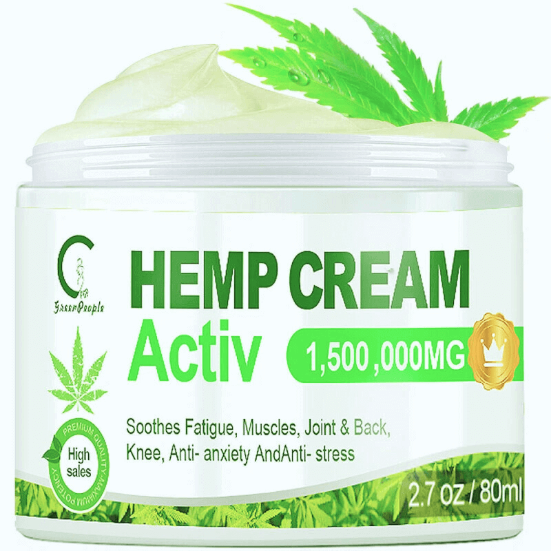 EaseWell™ Hemp Pain Relief Cream jar, 1500mg, soothes fatigue, muscle pain, joint discomfort, and stress.