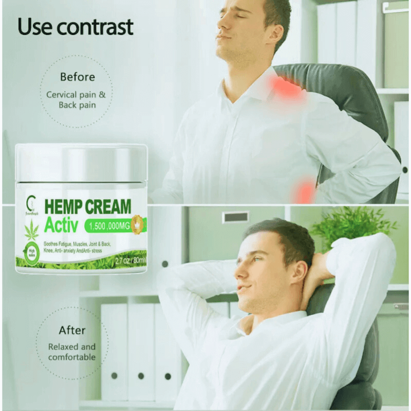 Before and after using Hemp Cream Activ for pain relief, showing improved comfort and relaxation.