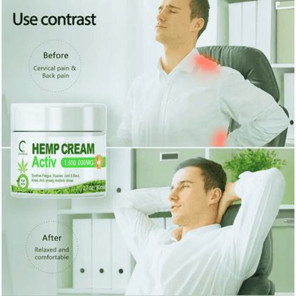 Before and after using Hemp Cream Activ for pain relief, showing improved comfort and relaxation.