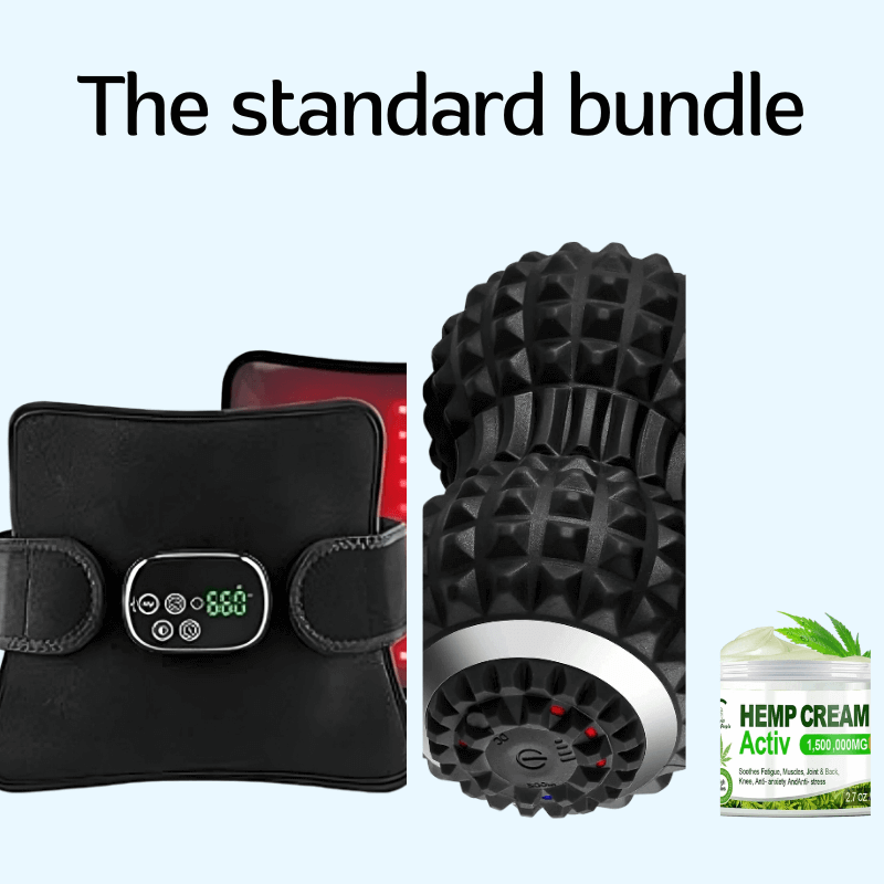 EaseWell™ Standard Bundle featuring a massage roller, heating pad, and hemp cream for wellness and relaxation.