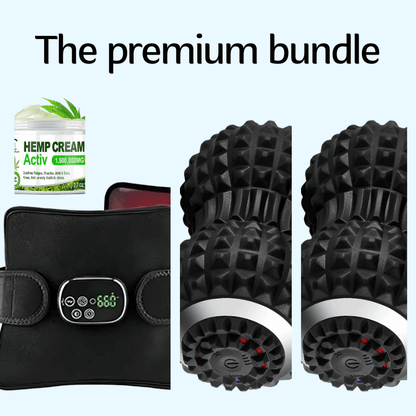EaseWell Premium Wellness Bundle featuring hemp cream and vibrating rollers for pain relief.
