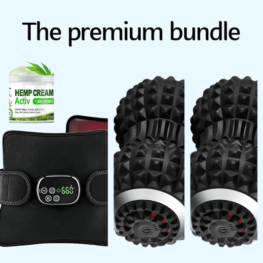 EaseWell Premium Wellness Bundle featuring hemp cream and vibrating rollers for pain relief.