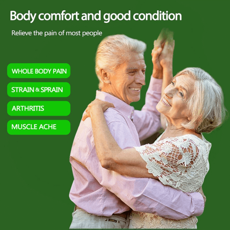 Elderly couple dancing together, promoting body comfort and relief from pain, including arthritis and muscle aches.