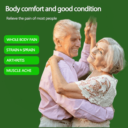 Elderly couple dancing together, promoting body comfort and relief from pain, including arthritis and muscle aches.
